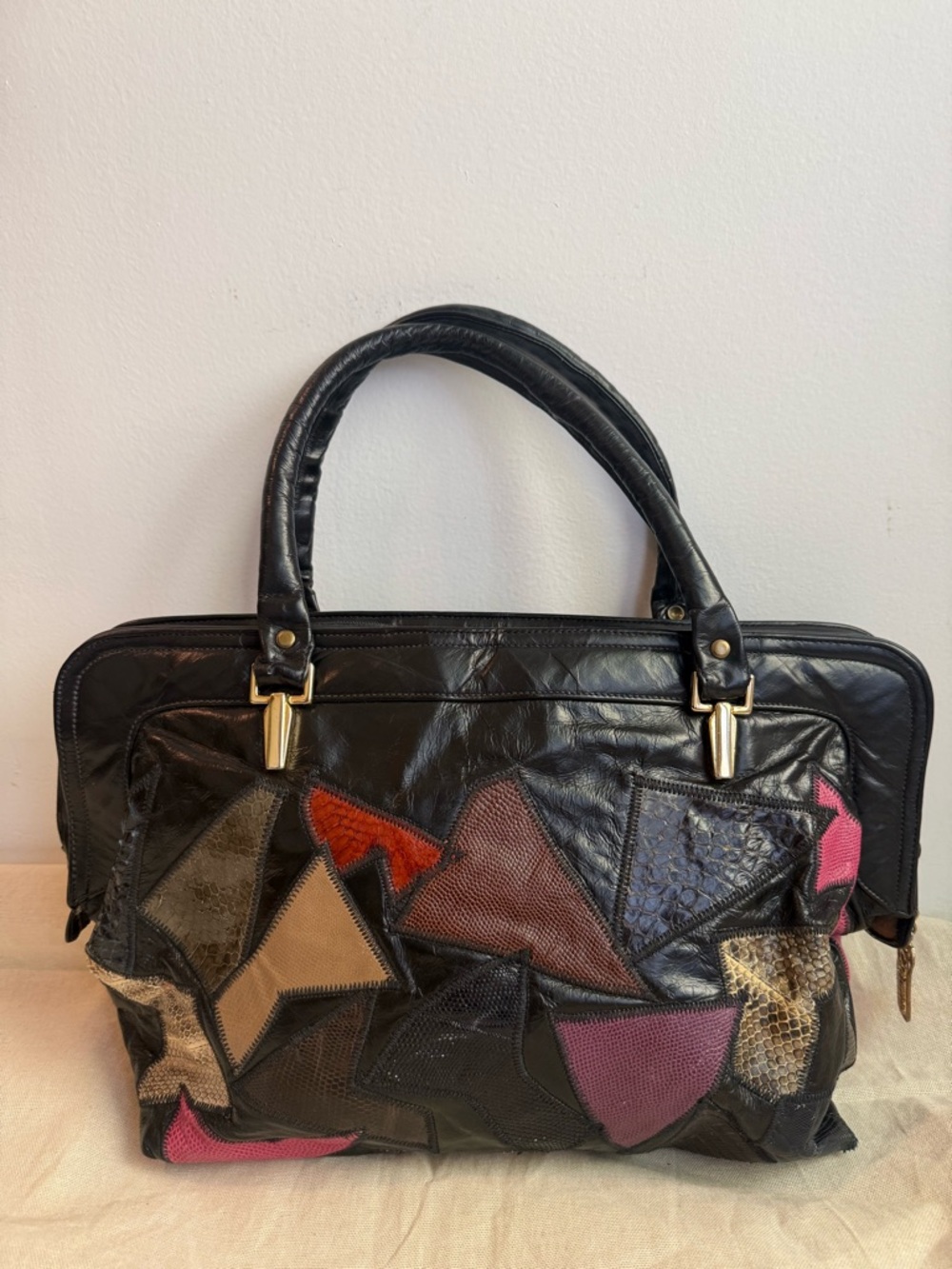 Vintage Patchwork Leather Briefcase Bag Black Multi Croc Embossed Work Tote